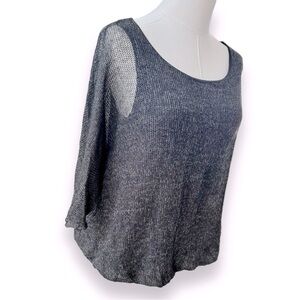 FINAL TOUCH Sheer Slouchy Lightweight Crochet Sweater Dolman Top Charcoal Grey